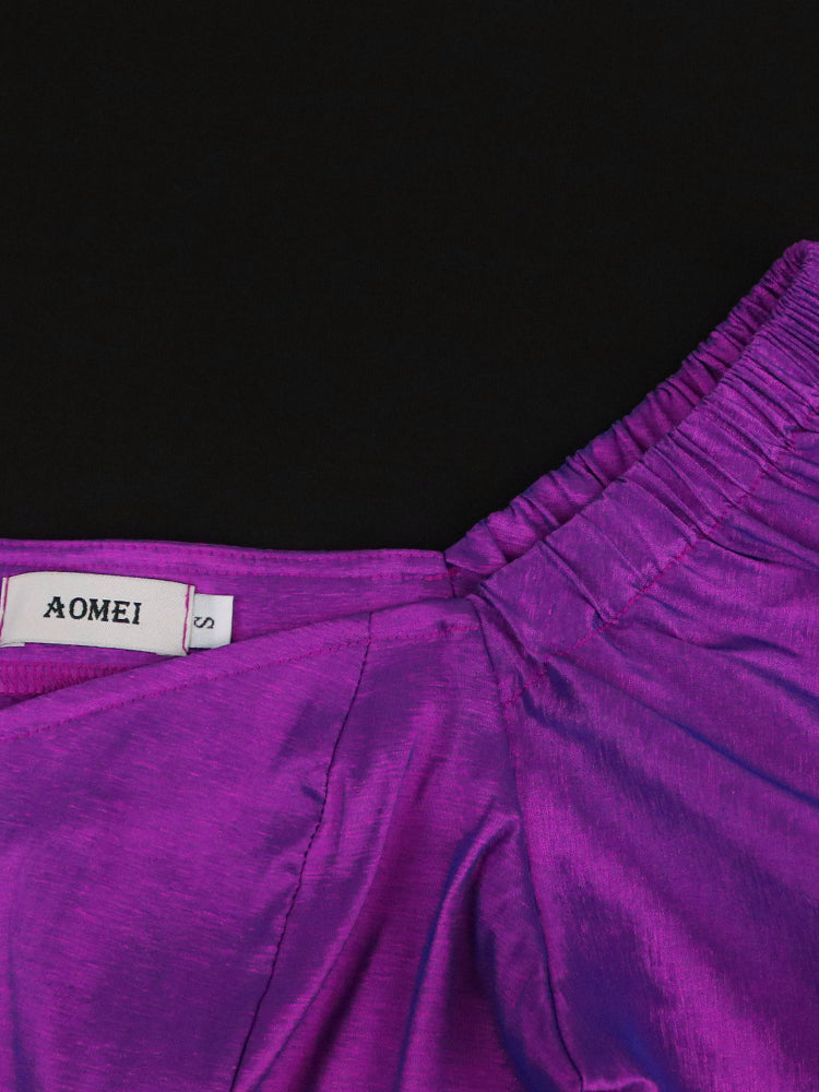 AOMEI Evening Bodycon Dress Women Purple Pleated Peplum Ruffled Robes V Neck Short Sleeve Side Slit Slim Fit Chic Maxi Vestidos