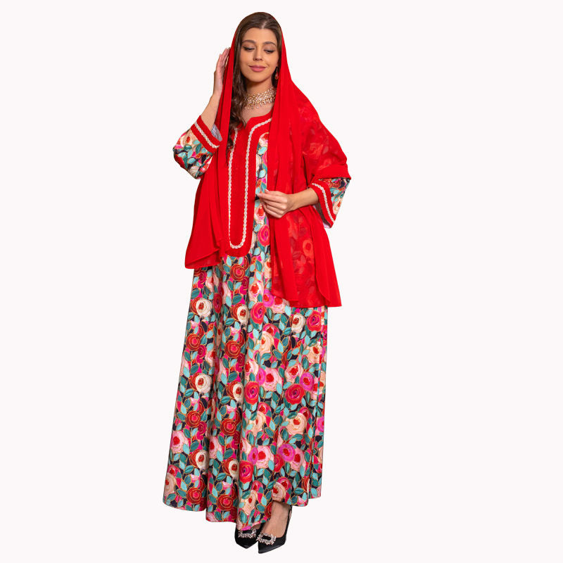 Middle East New Hand  Print Jalabiya Diamond  Robe Arabian Kaftan Saudi Dubai