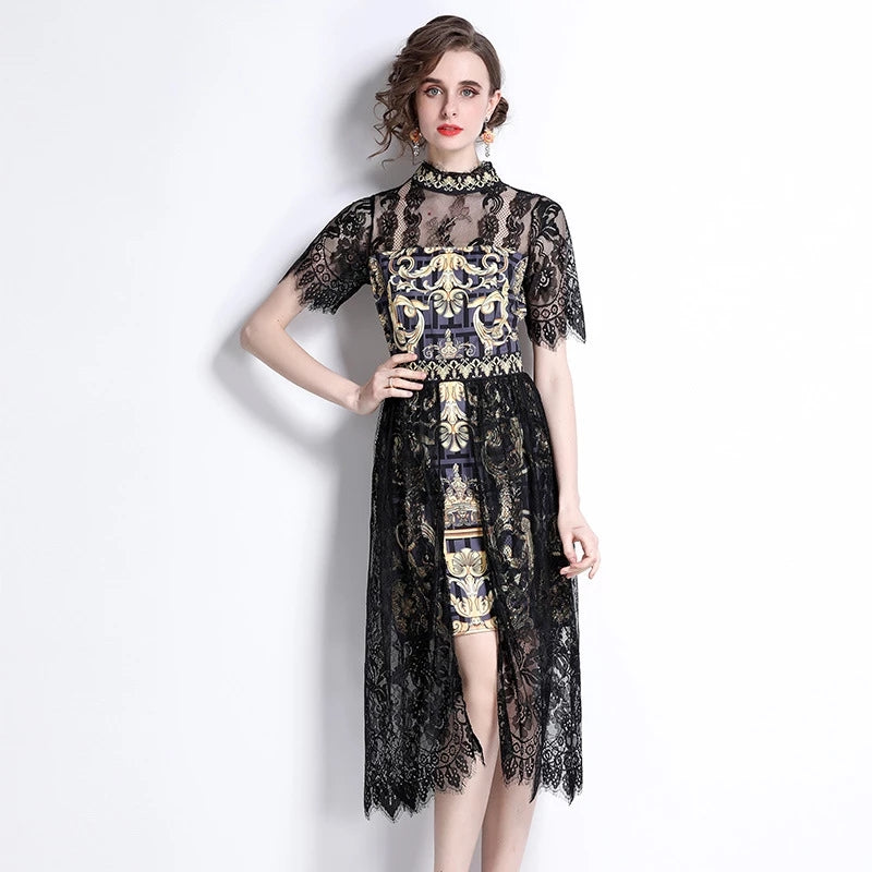 Women's Spring Summer Dress Stitching Print Short Sleeve Turtleneck Bodycon Dress