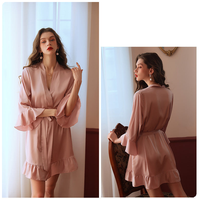 Ladies sexy pajamas  desire simulation silk lotus  cuff cardigan robe nightgown