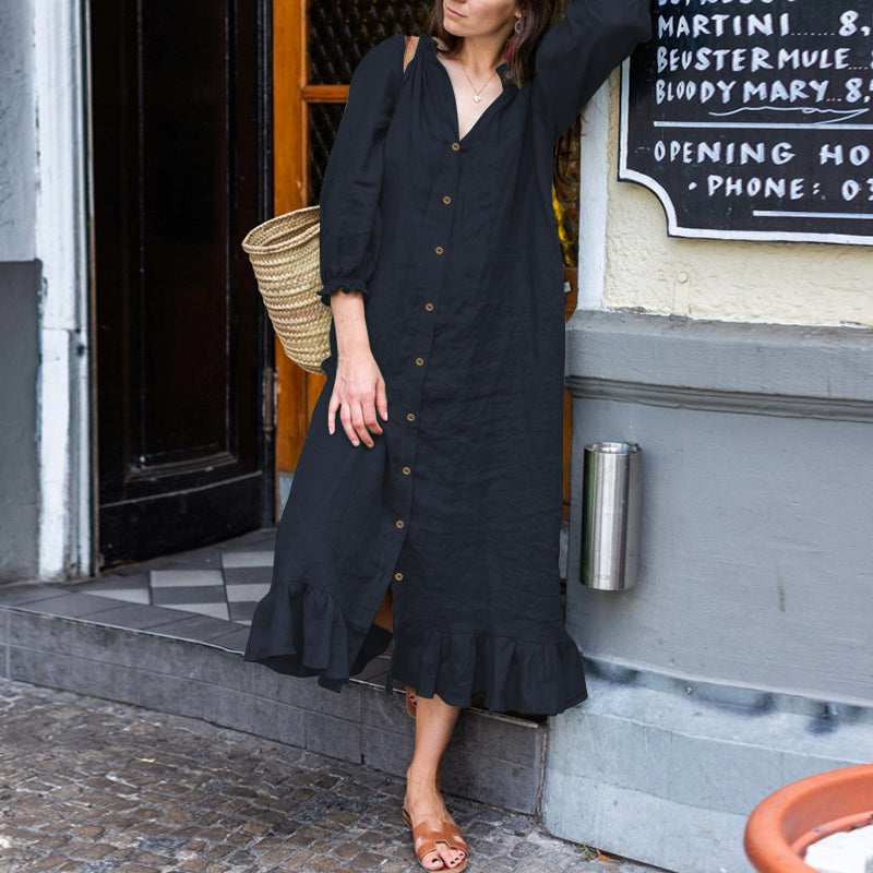 ZANZEA ladies European and American style  color simple temperament wood ear stitching stand collar button three-quarter sleeves lotus  hem fashionable  casual mid-length dress large size