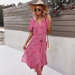 Women Beach Boho Summer Dress 2023 Vintage Floral High Waist Short Sleeve Dresses Button V-Neck Holiday Style Female Vestidos