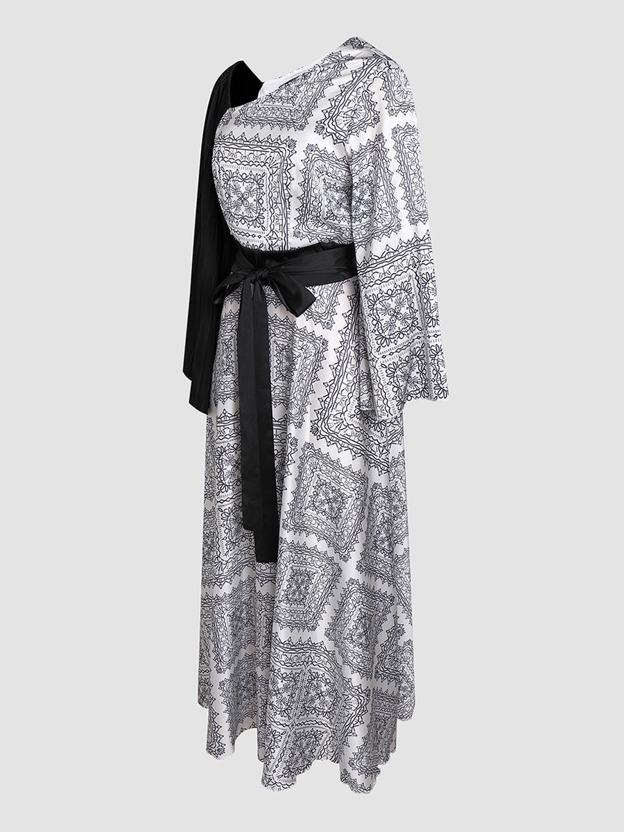 Elegant off-the-shoulder fashion print tie dress