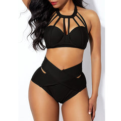 European and American hot-selling women's high-waist solid color cage neck cross bikini split suit with chest pad