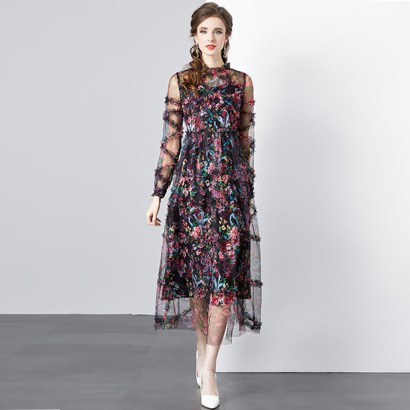 2023 الخريف المرأة الجديدة الفرنسية بوتيك مطبوعة الربط شبكة الحرف الثقيلة فستان طويل تنورة 