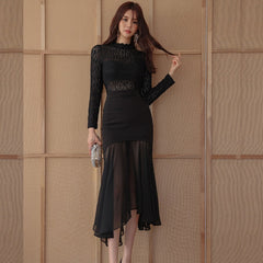 Fashion Women Vintage Sexy Lace Perspective Midi Party Club Dress Elegant Coffee Break Robe Black Skinny Bodycon Female Dress