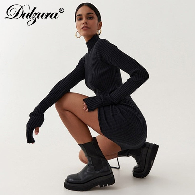 Dulzura Ribbed Stripe Women Mini Dress Drawstring Ruched Lace Up Long Sleeve Bodycon Bandage Sexy Party Elegant Autumn Winter