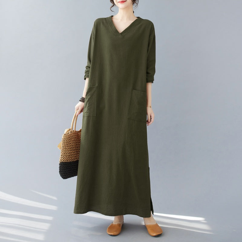 Plus-size women's clothing 2023 new fat MM retro cotton and linen V-neck plus fertilizer and enlarged  long-sleeved dress