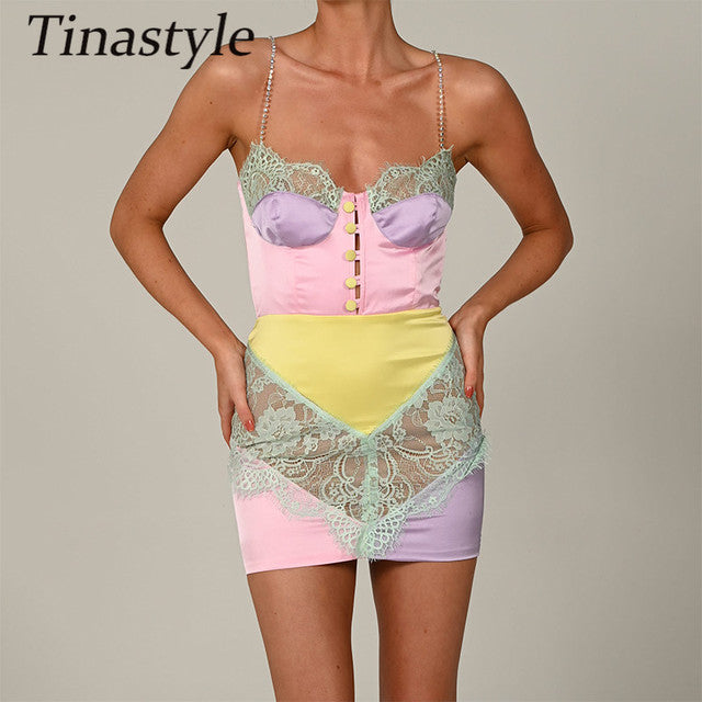 Tinastyle Chains Strap Sexy Satin Dress Women Short Lace Patchwork Bodycon Mini Party Dress Vestidos Y2K Nightclub Streetwear