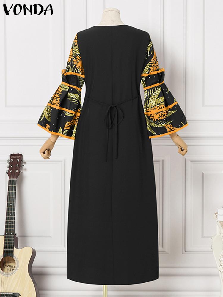 فوندا فساتين نسائية بوهو كلاسيكية مطبوعة بنمط عشوائي فساتين طويلة طويلة مكشكشة غير رسمية فضفاضة ورقبة دائرية وأكمام طويلة مرقعة