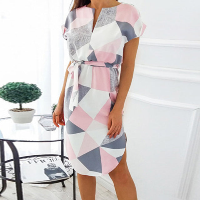 فستان حفلات ميدي نسائي موضة 2023 مطبوع هندسي فستان شاطئ بوهو صيفي فضفاض بأكمام دولمان فستان بدون أكمام مقاس كبير