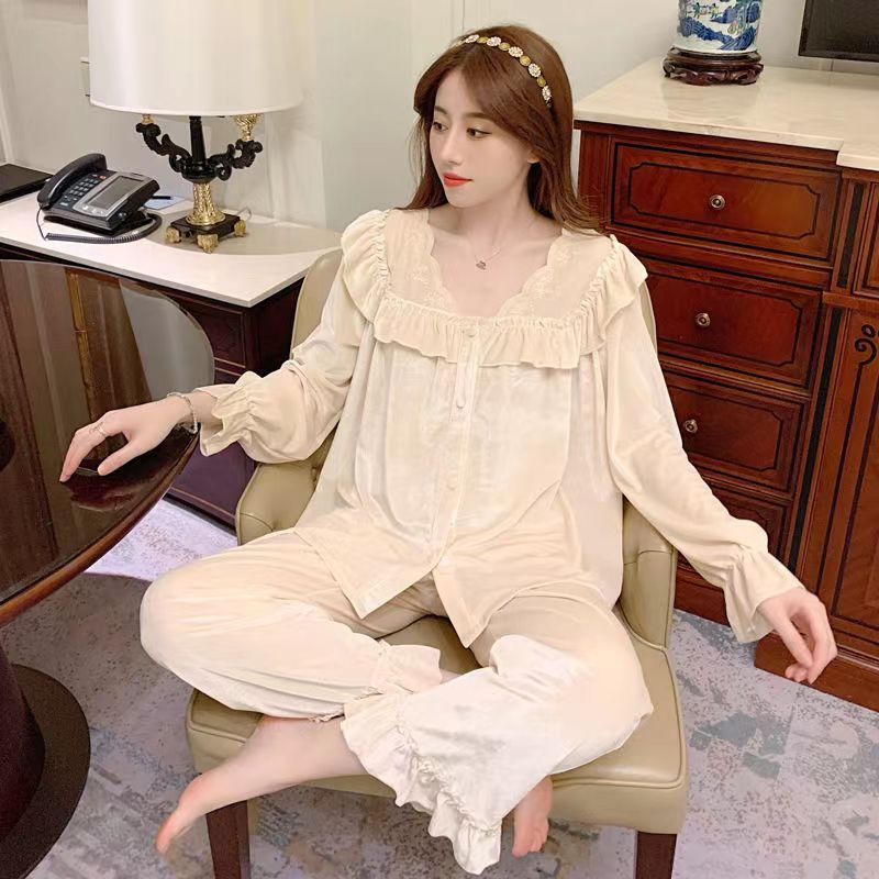 Gold velvet cardigan pajamas women's spring and autumn style 2023 new light  lace solid color cross-border home clothes can be worn outside