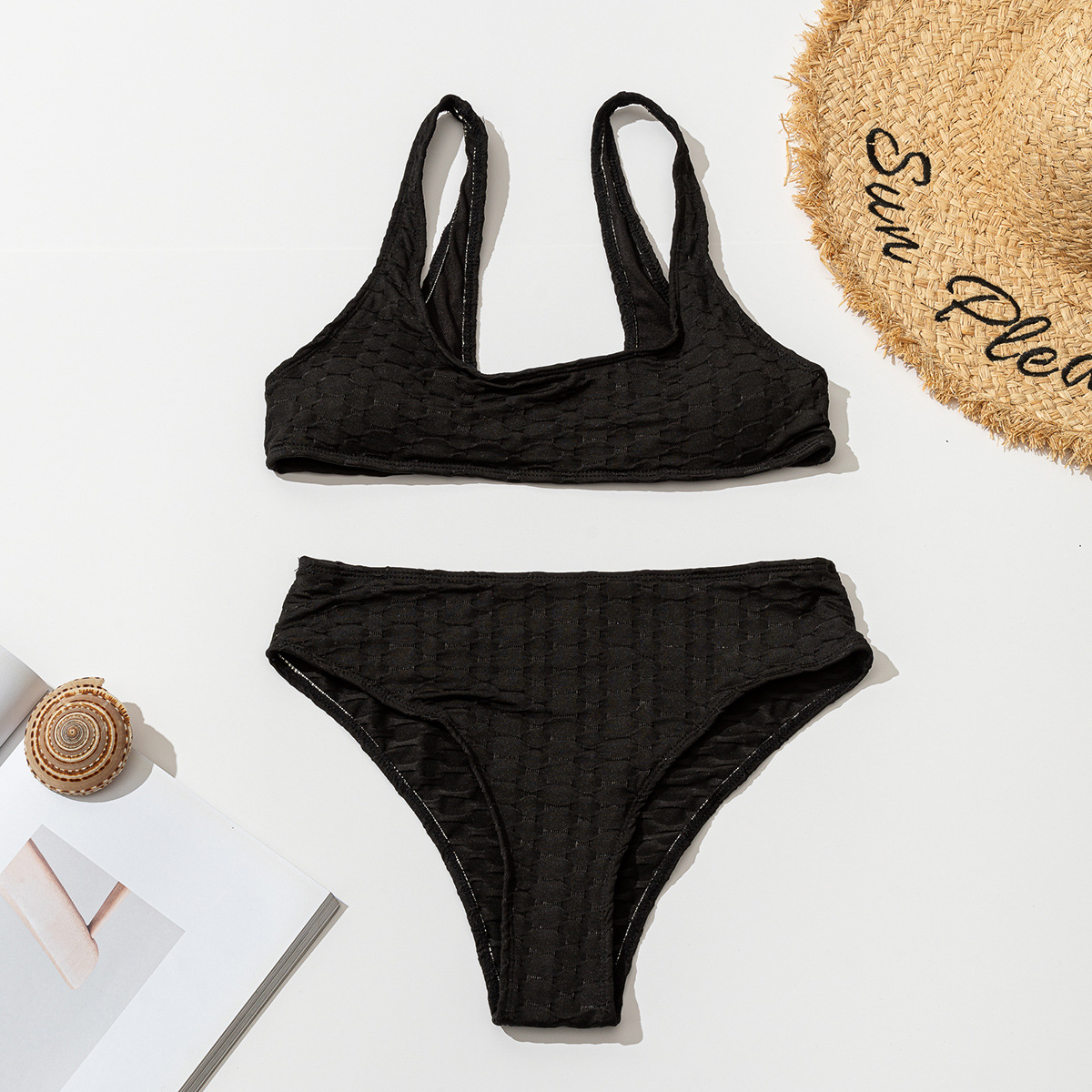 Swimsuit European and American Fashion Round Neck Split Solid Color Bikini Set