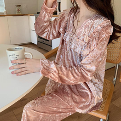 Gold velvet cardigan pajamas women's spring and autumn style 2023 new light  lace solid color cross-border home clothes can be worn outside