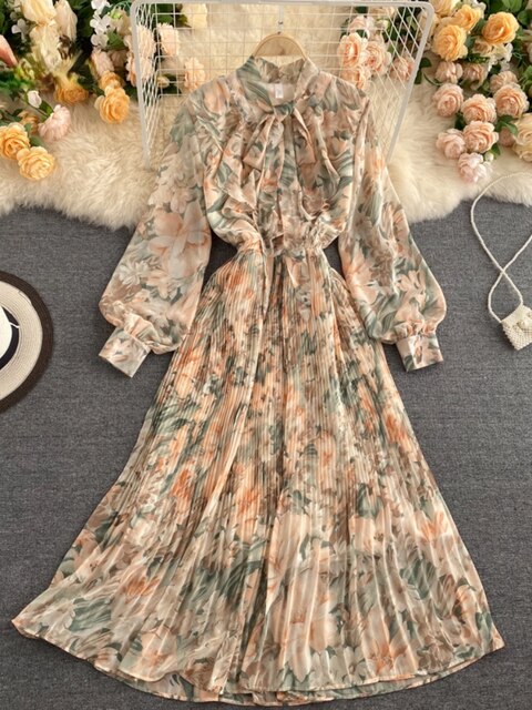 فستان بوهو نسائي عتيق للربيع والخريف بأكمام طويلة مزين بفيونكة فستان نسائي أنيق بطبعة زهور رداء بدون أكمام 