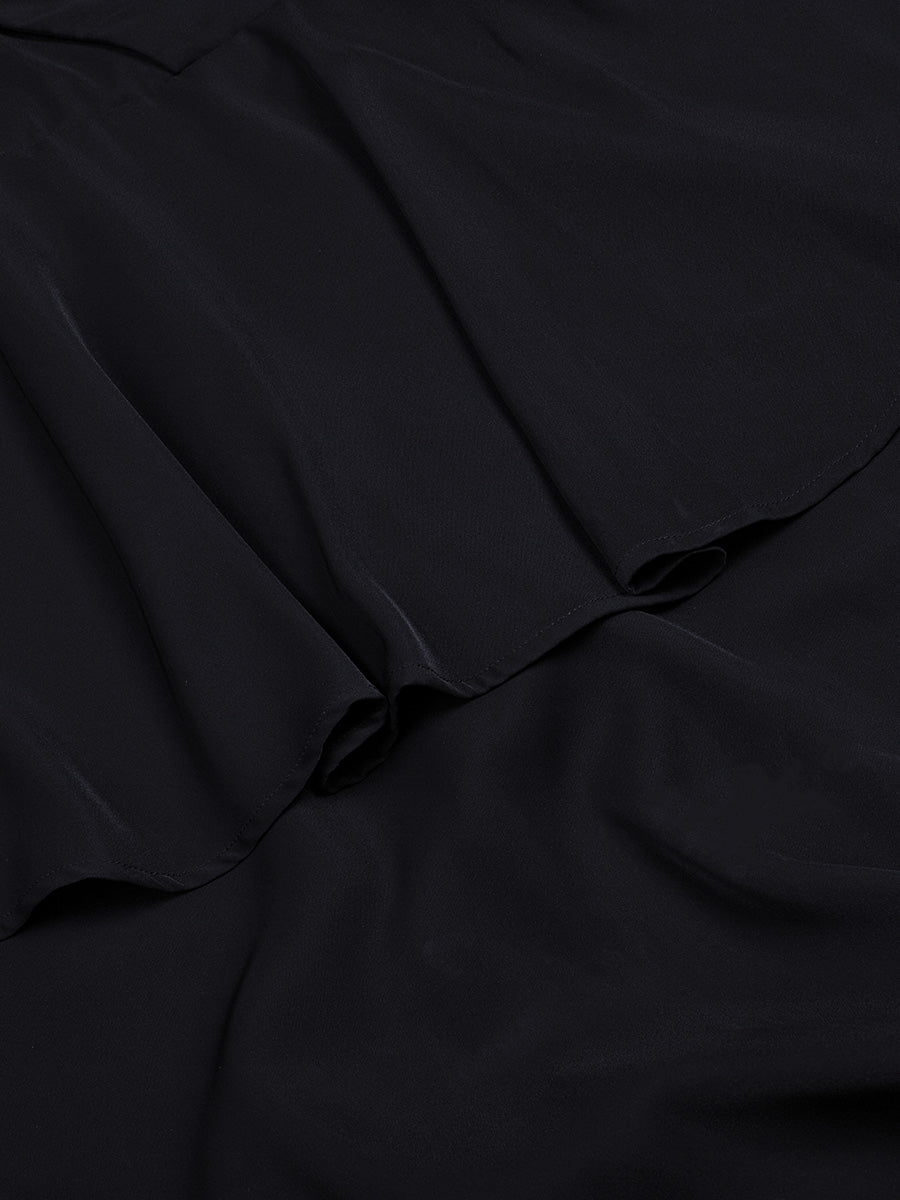 Black Elegant Satin V-Neck Fringed Hem Dress