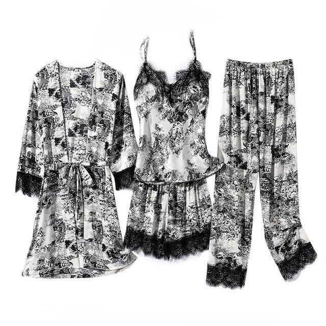 4pcs/Set New Sexy Lace Womens Kimono Pajamas Sets Robe Bath Gown Strap Top Shorts Sleepwear Lady Homewear Nightgown Suit Pijamas