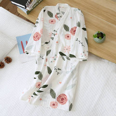 Japanese kimono night gown ladies spring and summer bathrobe women's 100% cotton tether nightdress elegant flowers home service