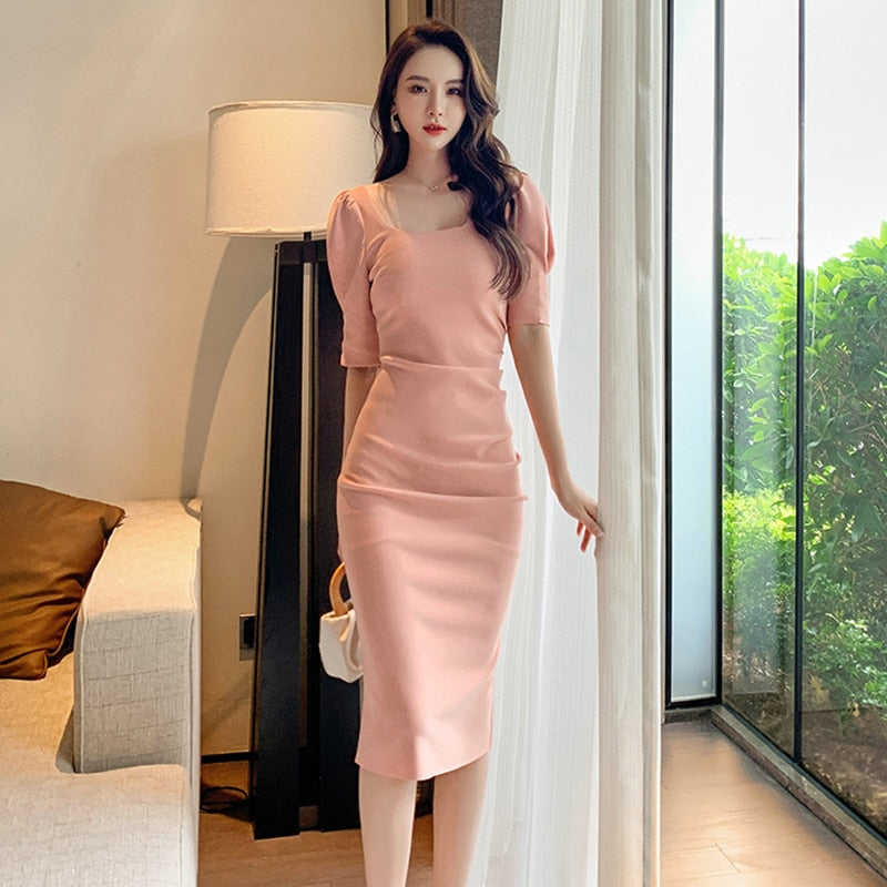 French Style Vintage Square Collar Puff Sleeve Midi Party Dress Ladies OL Elegant Streetwear Backless Female Bodycon Split Dress