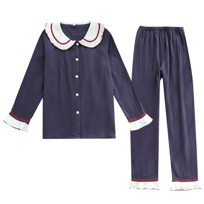 Cotton Crepe Pajamas Set For Women New Spring And Autumn Cloth Couple Long-Sleeved Suit Men Home Service Plus Size Nightgown