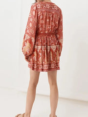 فستان نسائي قصير بنمط بوهو مطبوع عليه زهور فستان كاجوال برقبة دائرية وأكمام طويلة فستان على شكل حرف A للسيدات بأزرار للحفلات 