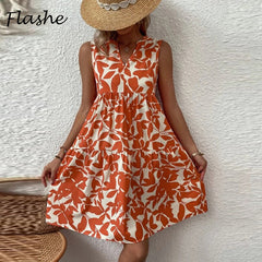 فساتين صيفية أنيقة للسيدات بطباعة نباتية وفتحة رقبة على شكل V فستان مكشكش بوهو بدون أكمام فضفاض لقضاء إجازة الشاطئ وتنورة قصيرة