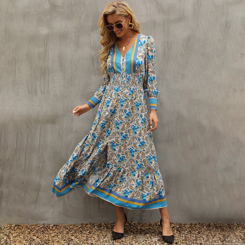 فستان نسائي طويل ماكسي بنمط بوهو مطبوع عليه زهور أنيق على شكل حرف V Nekc فساتين بأكمام طويلة فستان نسائي أنيق بفتحة أمامية على شكل حرف A 