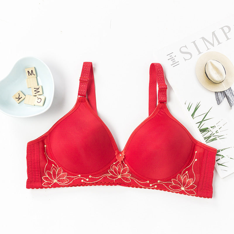 Plus Size Women's Solid Color Lace Flower Bras Gathering No Steel Rings Comfortable Thin Underwear