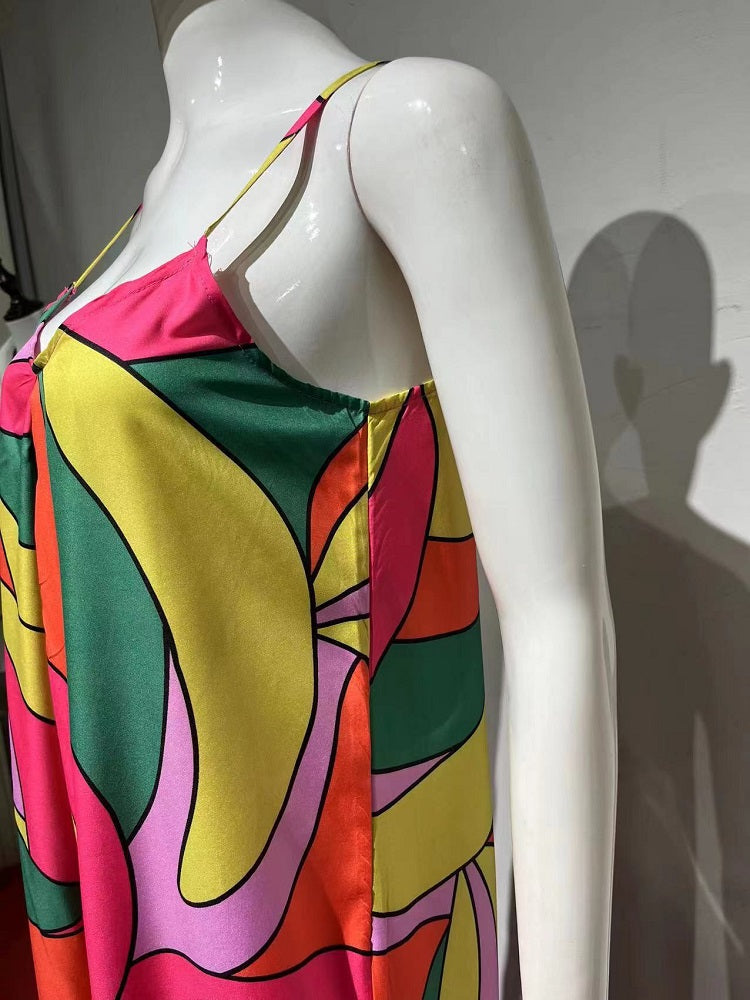 2023 الربيع والصيف الأوروبية والأمريكية الجديدة ركاب نمط فستان فرنسي عميق الخامس الرقبة عارية الذراعين الحمالات فستان مُزين بطباعة 