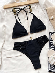 Sexy bikini European and American women's new ins style hot style solid color strapless navel hollow hanging neck strap camisole briefs seaside vacati