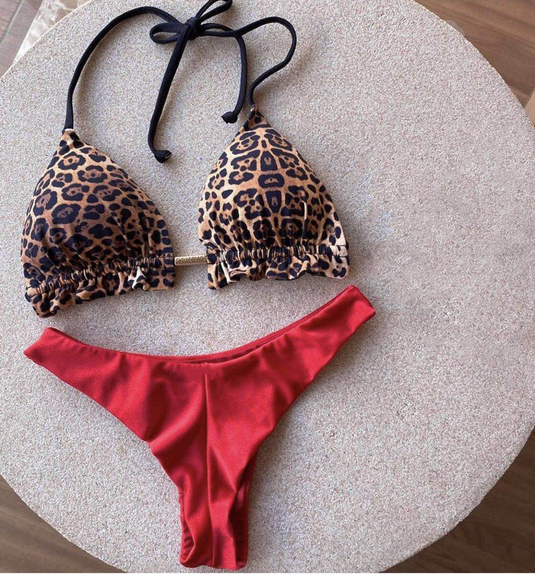 Leopard Print Patchwork Bikini  Women Swimwear Backless bikini