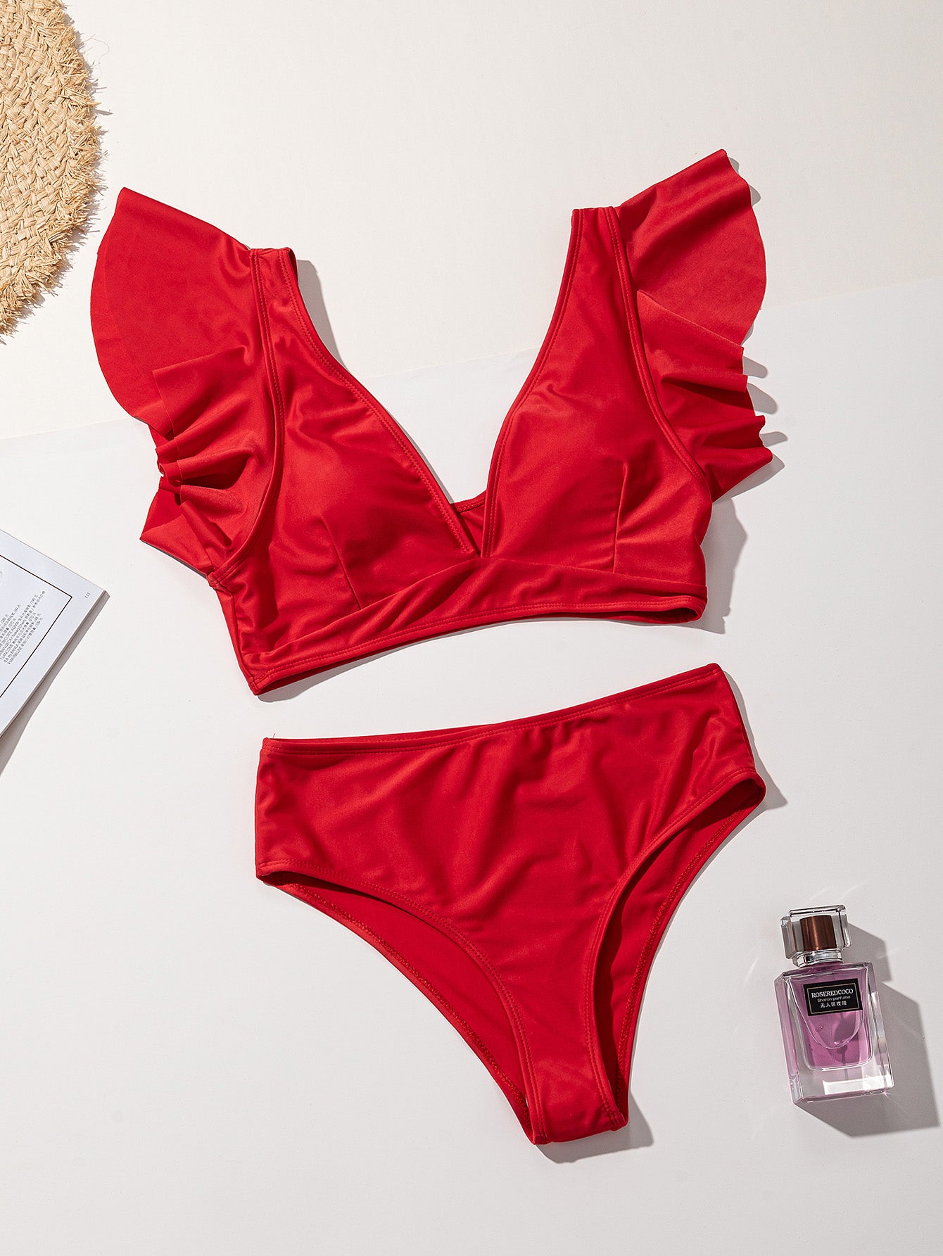 ملابس سباحة بكيني من قطعتين بخصر عالٍ، 9 ألوان مكشكشة