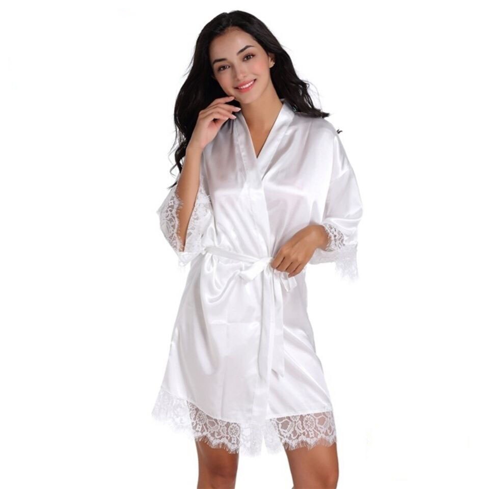 Women Satin Robe Sexy Solid Lingerie Silk Bathrobe Short Kimono Sleepwear Deep V Bridesmaid Wedding Party Dress Gown Nightgown