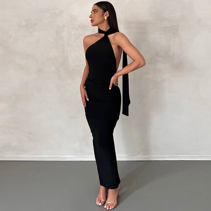 Elegant Women Backless Party Dress Summer Sexy Halter Collar Bodycon Maxi Dress 2023 Evening Club Maxi Dress Black Vest
