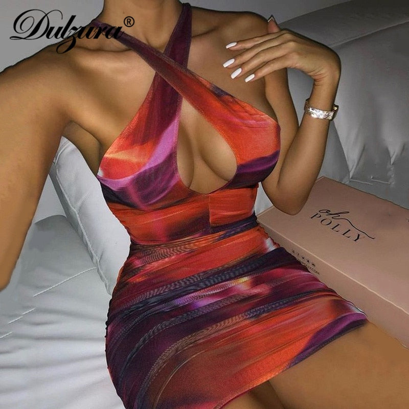 Dulzura Tie Dye Print Women Mini Dress Ruched Patchwork Hollow Out Cross Bodycon Backless Sexy Streetwear Party Club 2021 Summer