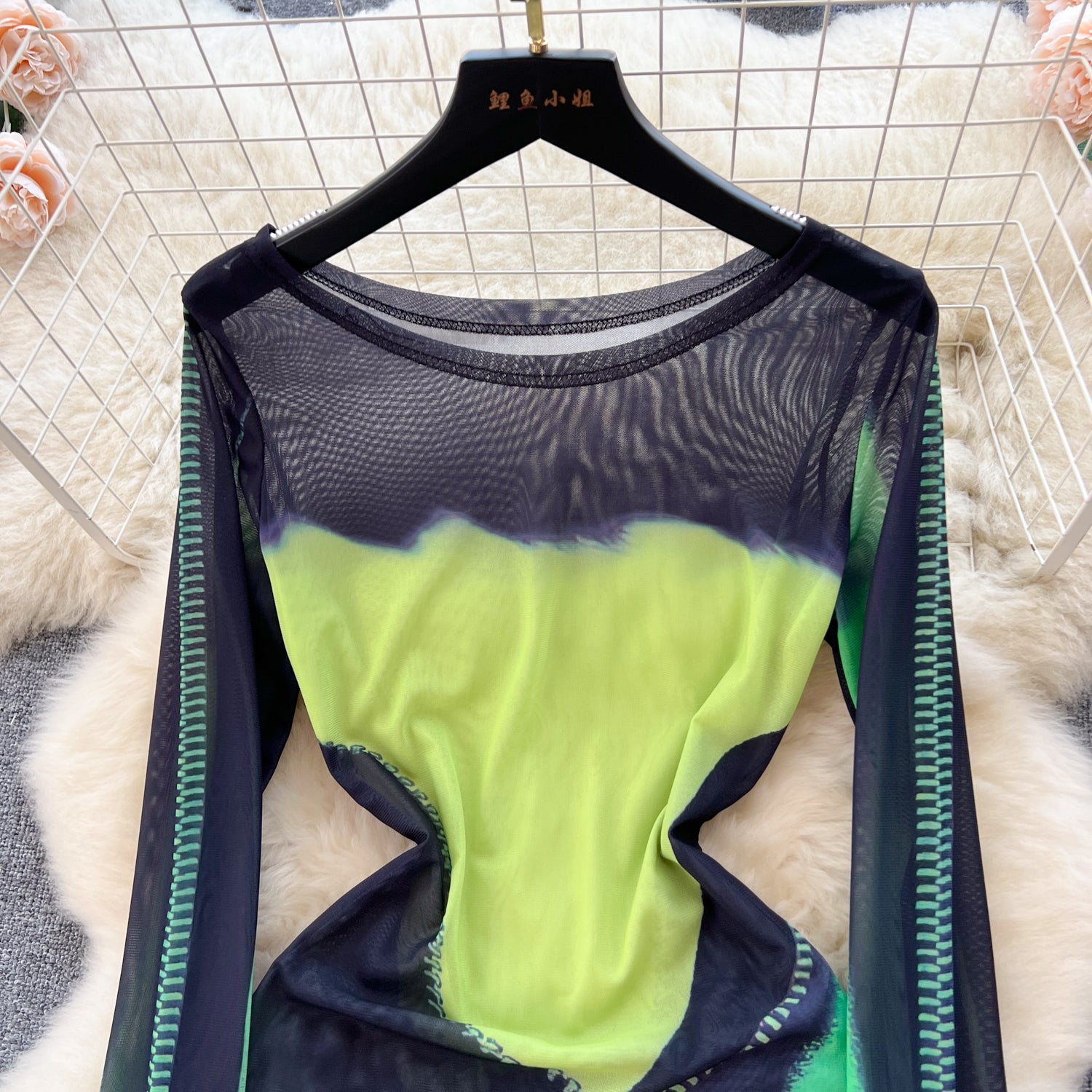 European and American hot girl style printed dress women's summer tulle long-sleeved design sense niche unique tight-fitting  desire long skirt