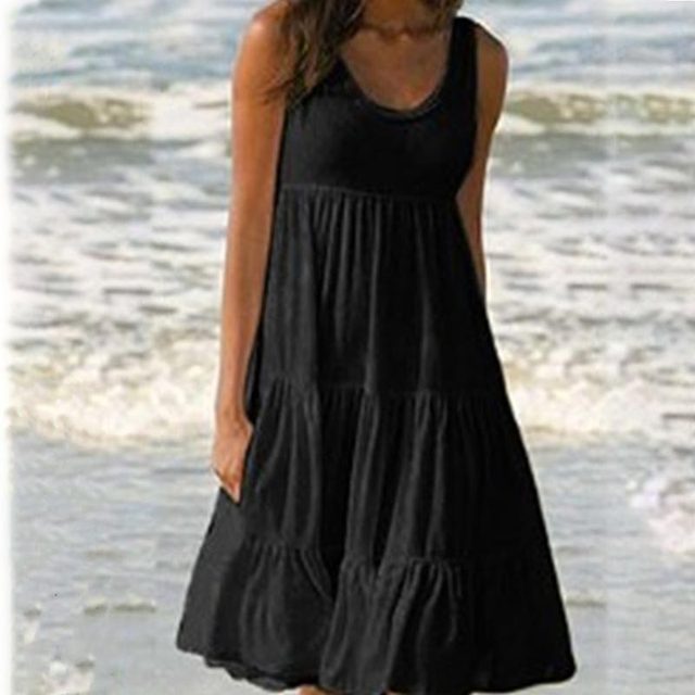 Womenl O Neck Sleeveless Ruffles Mini Dress Boho Solid Beach Sundress Oversized Loose Dress 2023 Summer