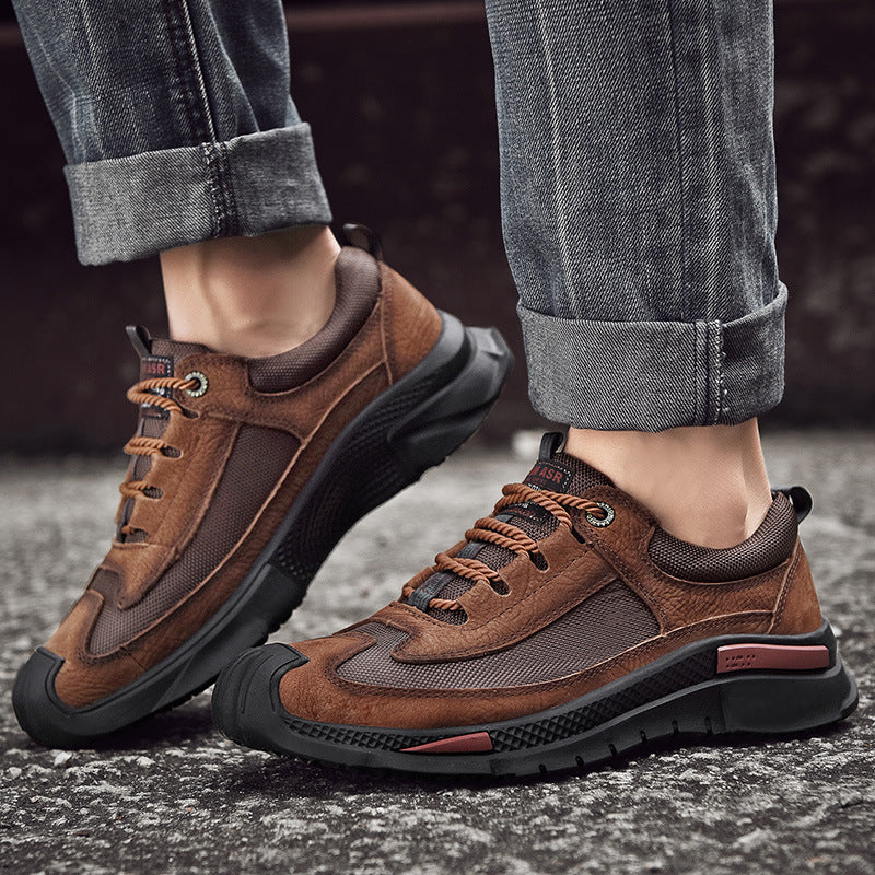 Men's shoes spring and summer men's leather outdoor sports casual shoes all-match leather toe top layer cowhide soft bottom hiking shoes