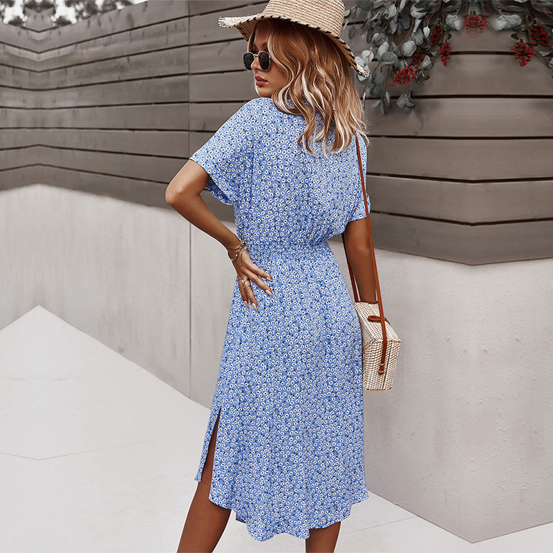 Women Flower Dress 2023 Summer Casual Short Sleeve Button Up Holiday Midi Dress Women V Neck Beach Boho Style Dress Elegant Robe