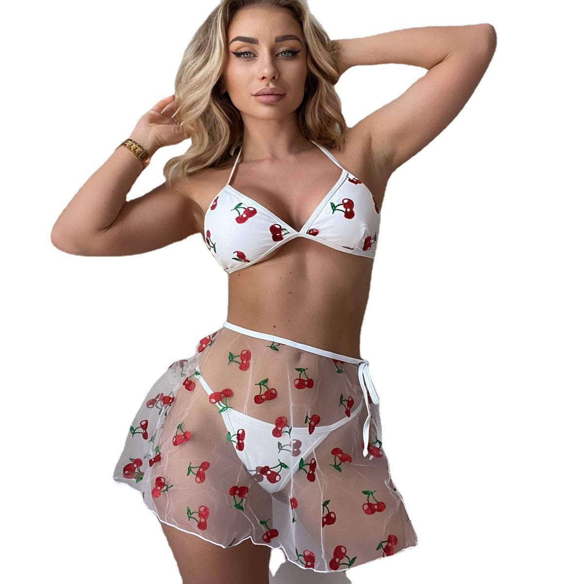 New Bikini Cross-border Explosion 3-Pack Cherry Print Bikini Transparent Mesh