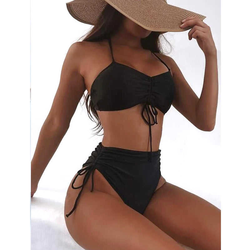 Bikini swimsuit 2023 new female split swimsuit solid color sexy shirring bikini