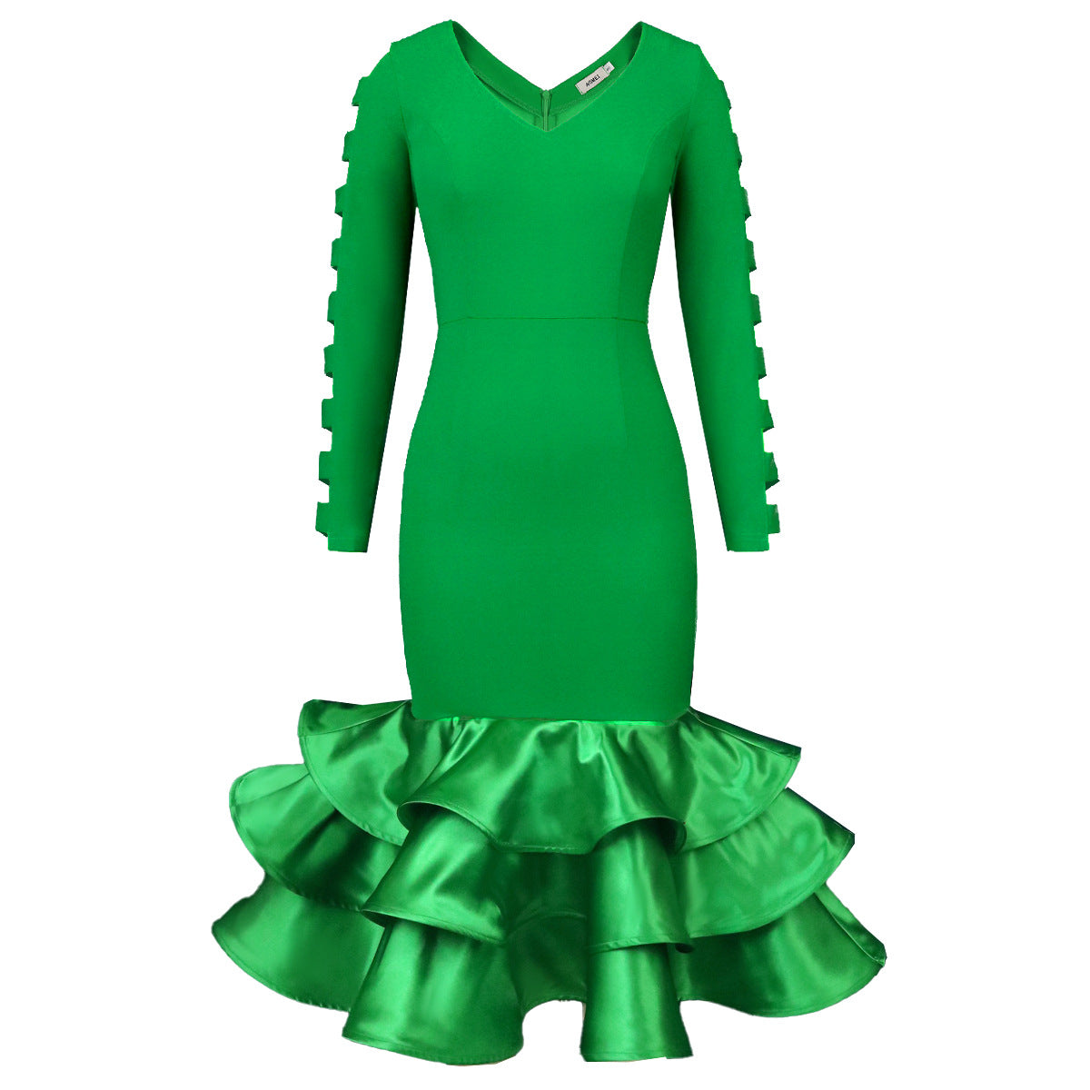 AOMEI Long Green Party Dress Spring 2023 Women Mermaid Bodycon Dress Long Sleeve Cut Out Tierred Ruffle Trim Modest Formal New