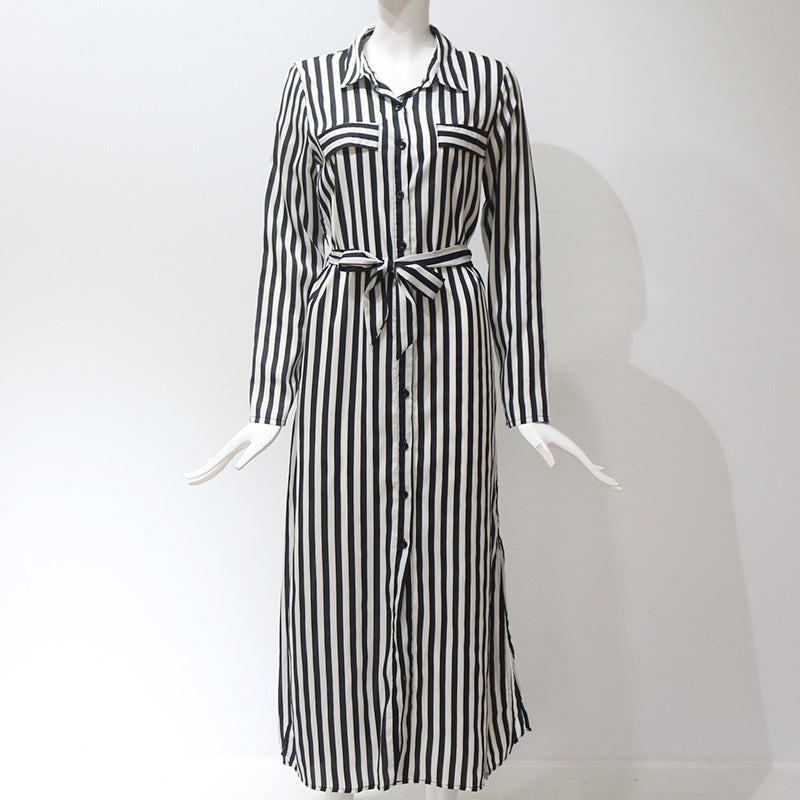 فستان قميص مخطط للسيدات بياقة مقلوبة فستان طويل بوهو للشاطئ فستان كاجوال بأكمام طويلة أنيق للحفلات