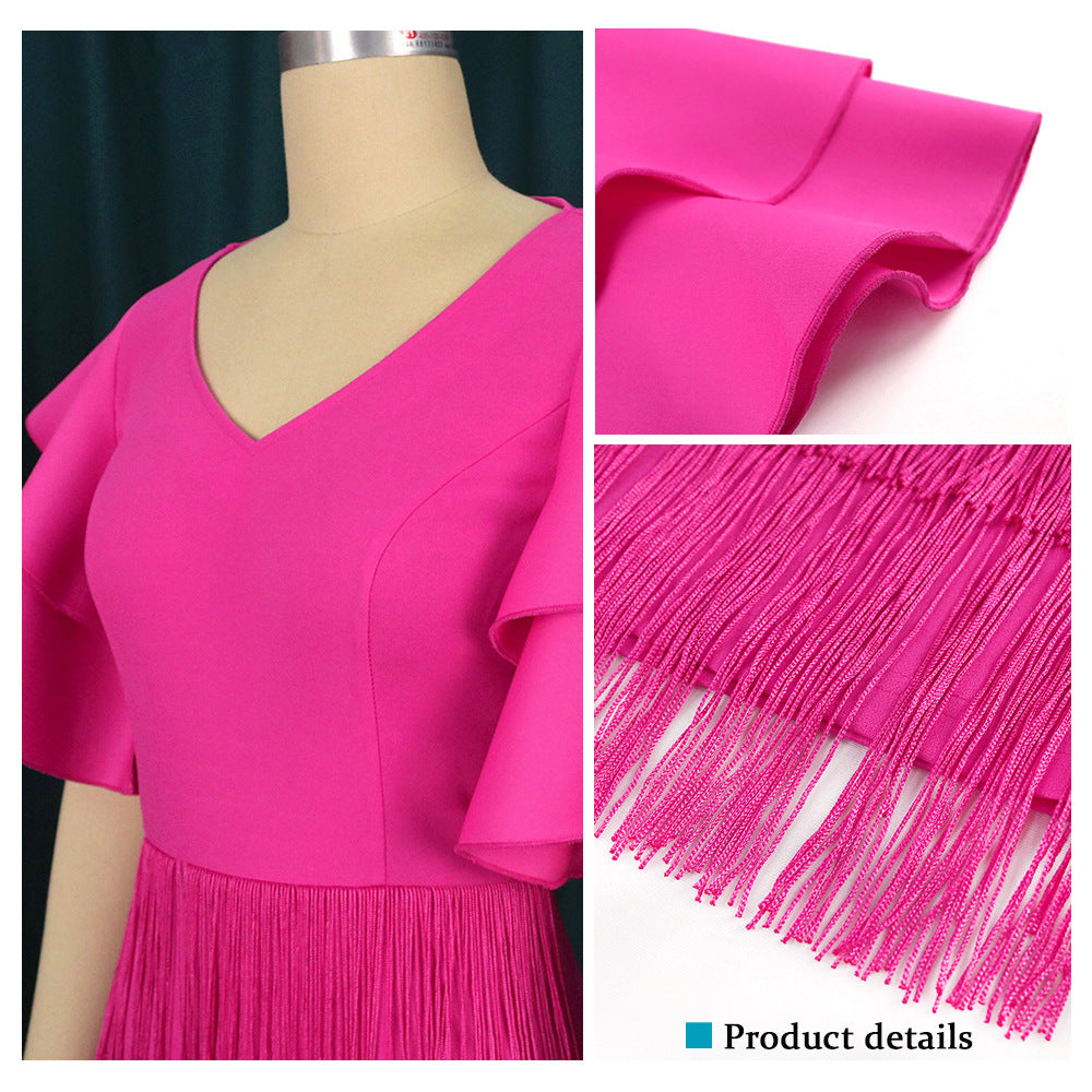 Women Tassel Dress V Neck Fringe Bodycon Slim Party Ruffles Sleeves Spring Celebrate Elegant Fashion Prom Lady Package Hip Gown