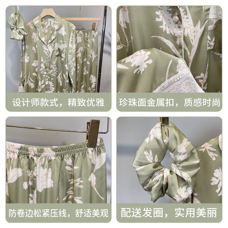 Jiangnanhe 2022 autumn French lace phoenix tail green ice silk long-sleeved trousers home clothes ladies three-piece headband