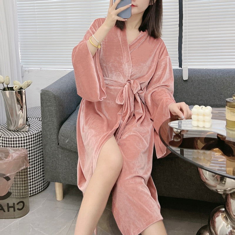 Autumn and winter women's thick warm fashion single robe long gold velvet nightgown
