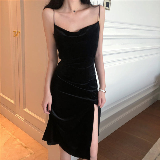 New 2022 Vintage Women Dress Spaghetti Strap Slit Velvet Black Dress Sexy Bodycon Bandage Dress Midi Party Dress Verano Vestidos