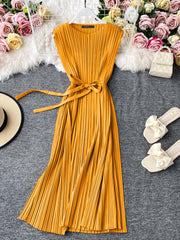 ZANZEA Women Elegant Dresses Solid O-Neck Sleeveless Vintage Pleated design Dress Fashion Holiday Casual Loose Ladies Vestido Plus Size