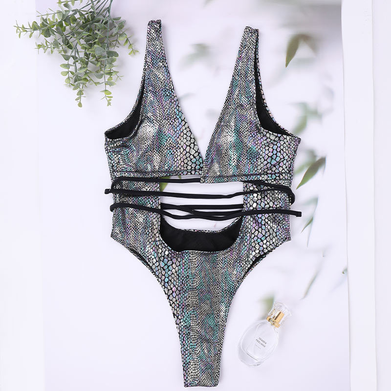 2023 hot style European and American one-piece swimsuit female sense sleeveless European and American tie swimsuit foreign trade bikini