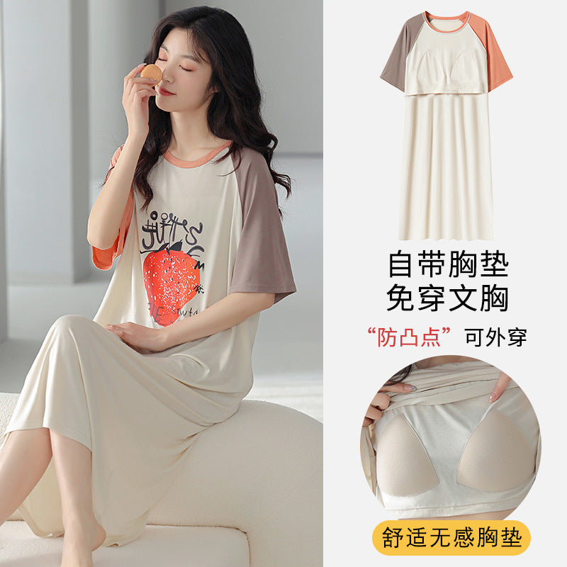 Xia Ke wears anti-burst nightdress with chest pad women's new simple casual modal home service solid color cotton pajamas